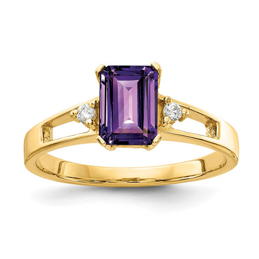 14k 7x5mm Emerald-cut Amethyst and 1/20 carat AA Diamond Ring