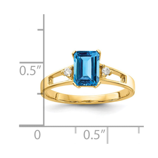 14k 7x5mm Emerald-cut Blue Topaz and 1/20 carat AA Diamond Ring