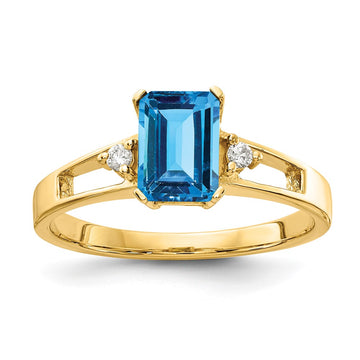 14k 7x5mm Emerald-cut Blue Topaz and 1/20 carat A Diamond Ring