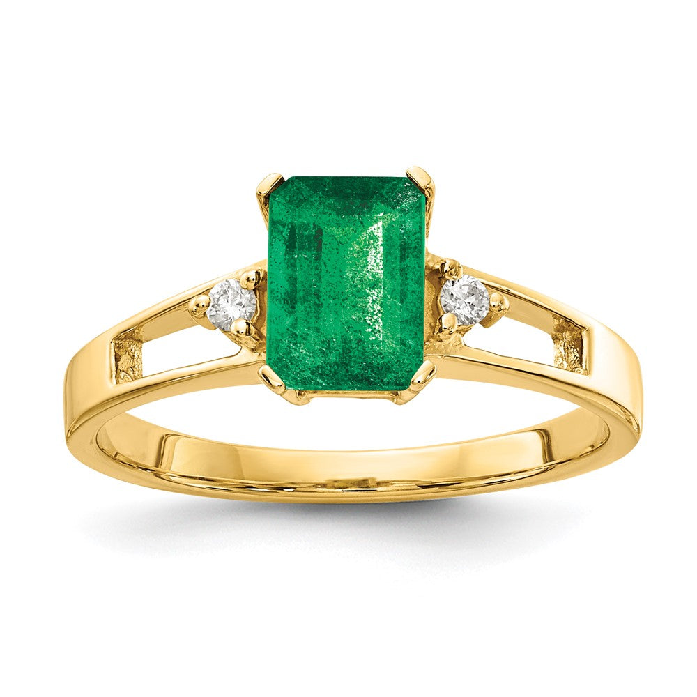 14k 7x5mm Emerald-cut Emerald and 1/20 carat VS Diamond Ring