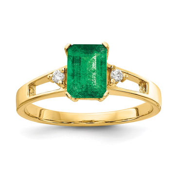 14k 7x5mm Emerald-cut Emerald and 1/20 carat VS Diamond Ring