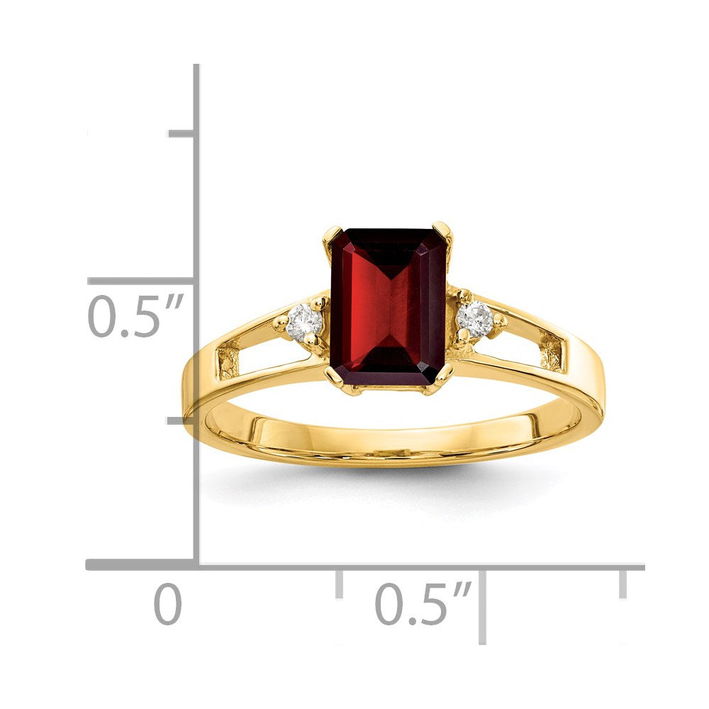 14k 7x5mm Emerald-cut Garnet and 1/20 carat AA Diamond Ring