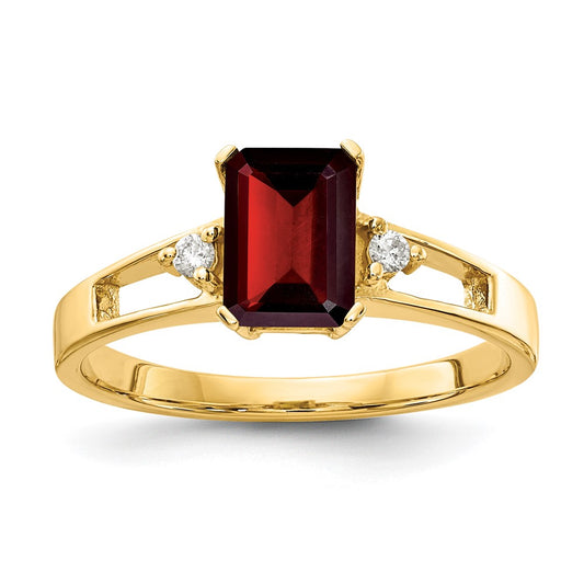 14k 7x5mm Emerald-cut Garnet and 1/20 carat AA Diamond Ring