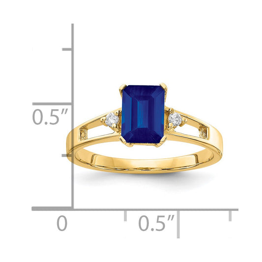 14k 7x5mm Emerald-cut Blue Sapphire and 1/20 carat AA Diamond Ring