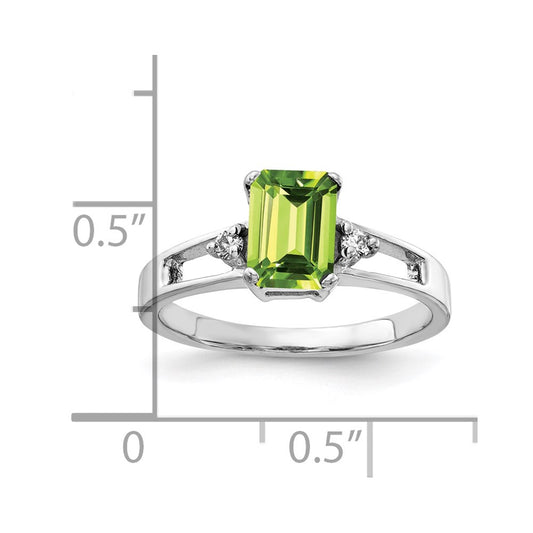 14k White Gold 7x5mm Emerald Cut Peridot and 1/20 carat AA Diamond Ring
