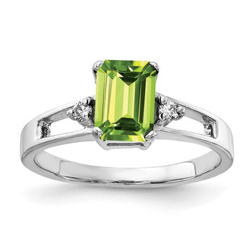 14k White Gold 7x5mm Emerald Cut Peridot and 1/20 carat AA Diamond Ring