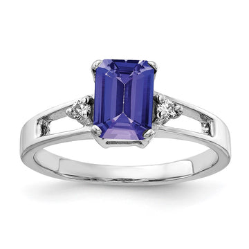 14k White Gold 7x5mm Emerald-cut Tanzanite and 1/20 carat AA Diamond Ring