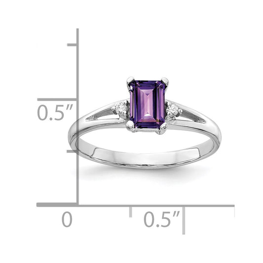 14k White Gold 6x4mm Emerald-cut Amethyst and AA Diamond Ring
