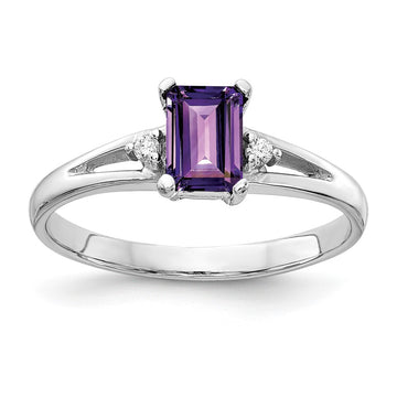 14k White Gold 6x4mm Emerald-cut Amethyst and A Diamond Ring