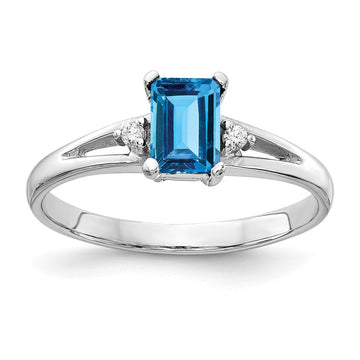 14k White Gold 6x4mm Emerald-cut Blue Topaz and AAA Diamond Ring