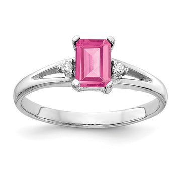 14k White Gold 6x4mm Emerald-Cut Pink Tourmaline and AA Diamond Ring