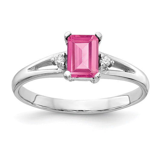 14k White Gold 6x4mm Emerald-Cut Pink Tourmaline and AA Diamond Ring