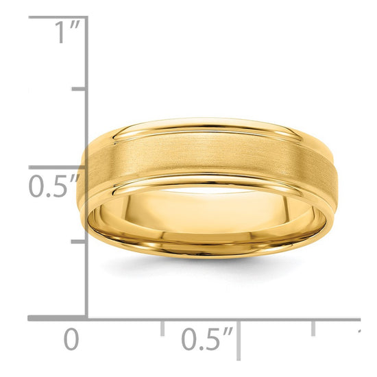 14k Yellow Gold 6mm Standard Weight Comfort Fit Brushed Satin/Polished Grooved Edge Wedding Band Size 10.5