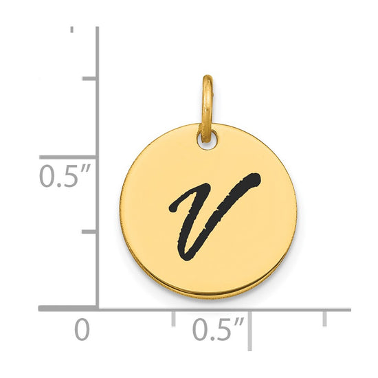 14k Polished Black Enamel Letter V Initial Disk Charm