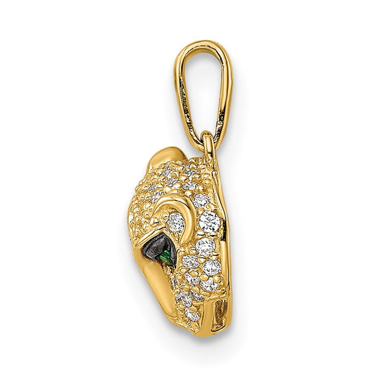 14K Polished Green and White CZ Lioness Head Pendant