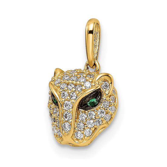 14K Polished Green and White CZ Lioness Head Pendant