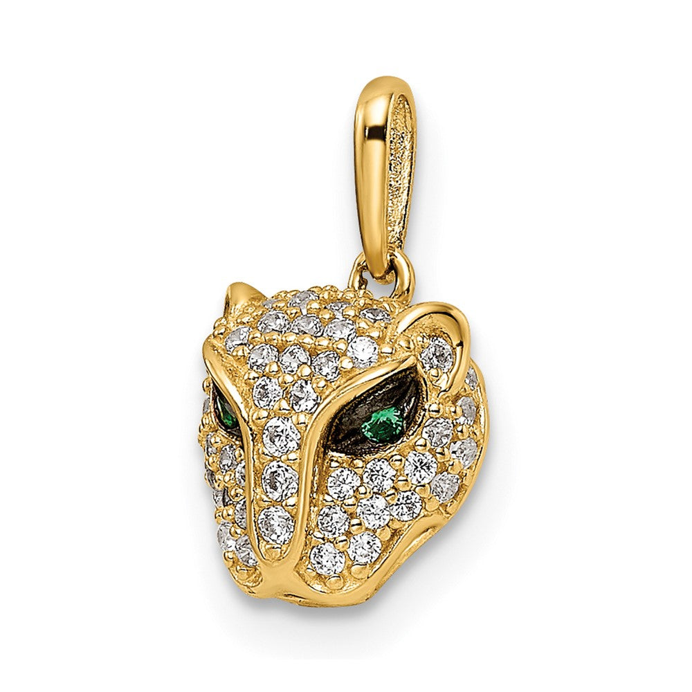 14K Polished Green and White CZ Lioness Head Pendant