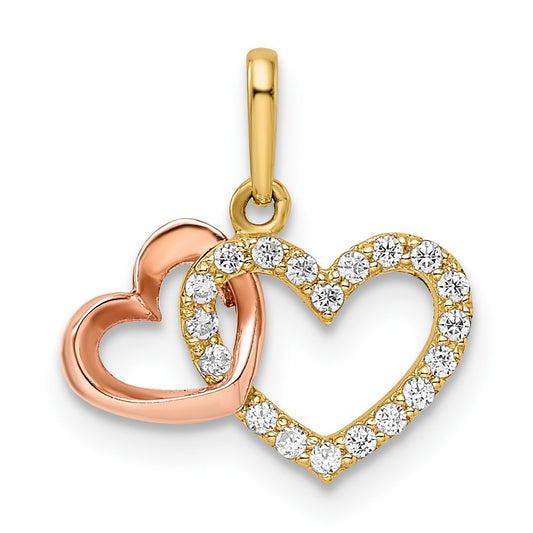 14k Two-tone CZ Two Hearts Pendant