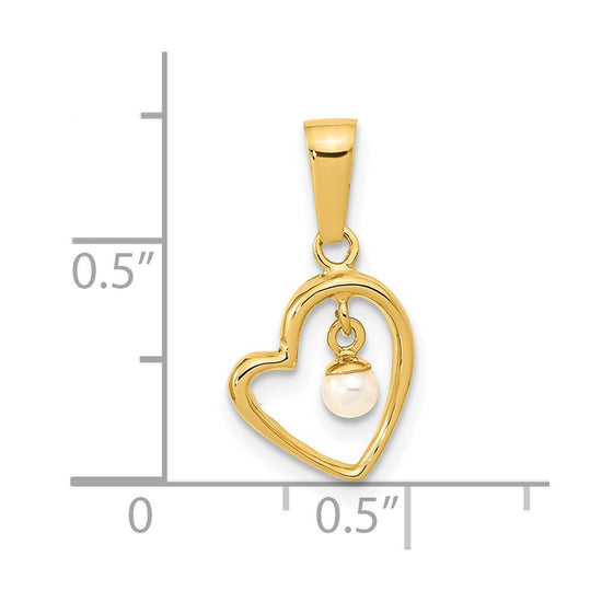 14K Polished 2-3mm Freshwater Cultured Pearl Dangle Open Heart Pendant