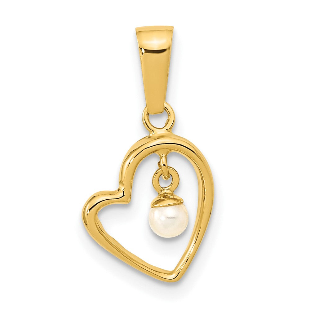 14K Polished 2-3mm Freshwater Cultured Pearl Dangle Open Heart Pendant