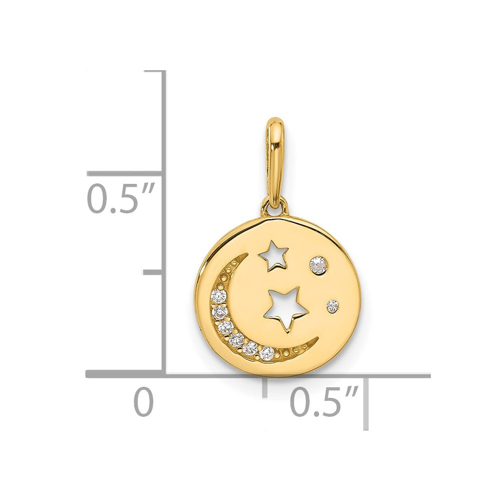 14k Polished CZ Moon and Stars in Disc Pendant