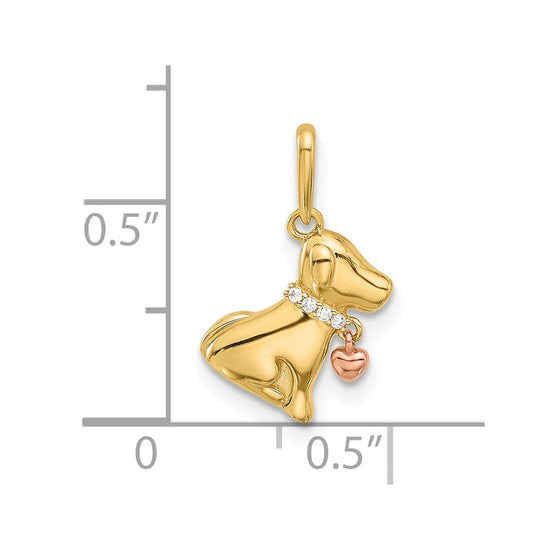 14k Two-tone Polished CZ Dog with Heart Dangle Pendant