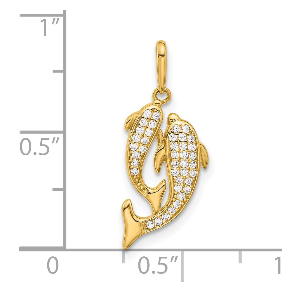 14k Polished CZ Two Dolphins Pendant