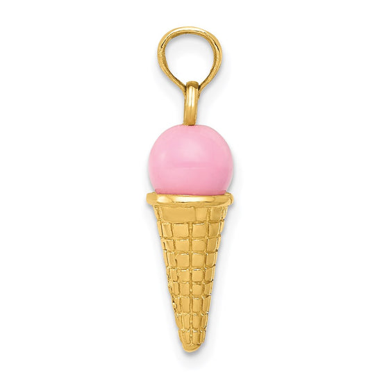 14K Satin Polished 3-D Pink Quartz Bead Ice Cream Cone Charm