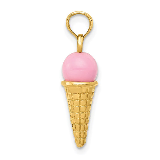 14K Satin Polished 3-D Pink Quartz Bead Ice Cream Cone Charm