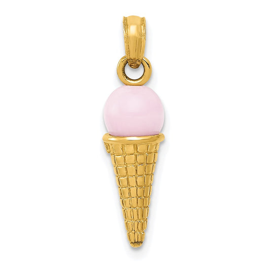 14K Satin Polished 3-D Pink Quartz Bead Ice Cream Cone Charm
