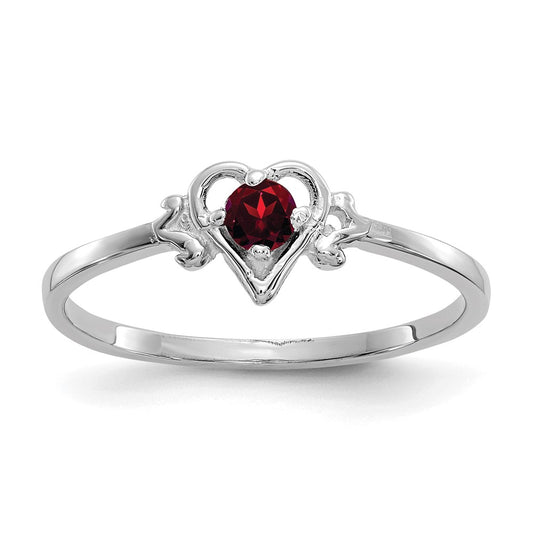 10K White Gold 3mm Round January/ Garnet Birthstone Heart Size 7 Ring