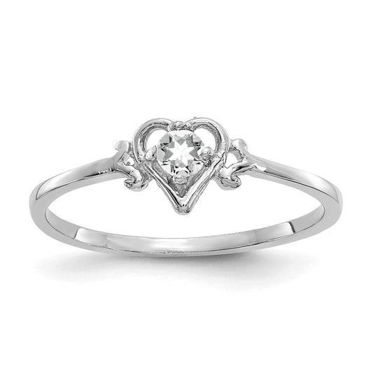 10K White Gold 3mm Round April/ White Topaz Birthstone Heart Size 7 Ring