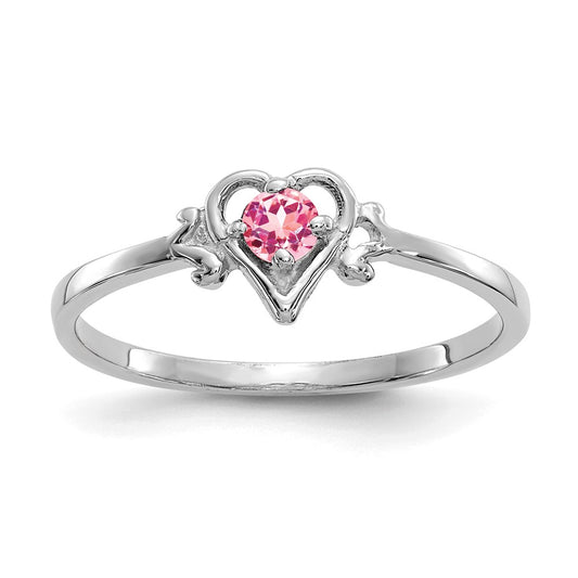 10K White Gold 3mm Round October/ Pink Tourmaline Birthstone Heart Size 7 Ring