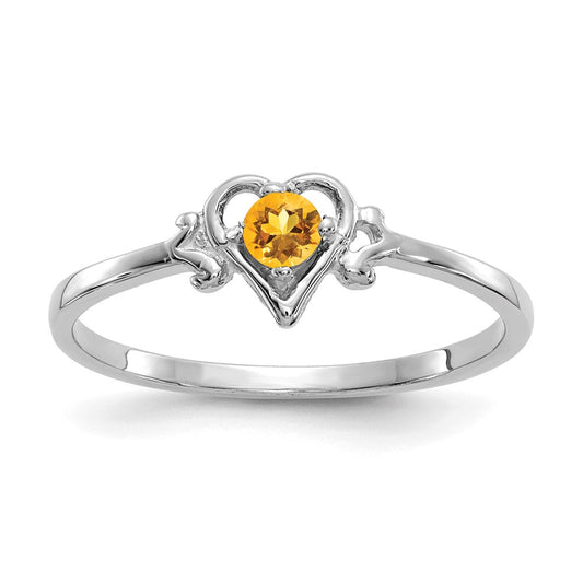 10K White Gold 3mm Round November/ Citrine Birthstone Heart Size 7 Ring