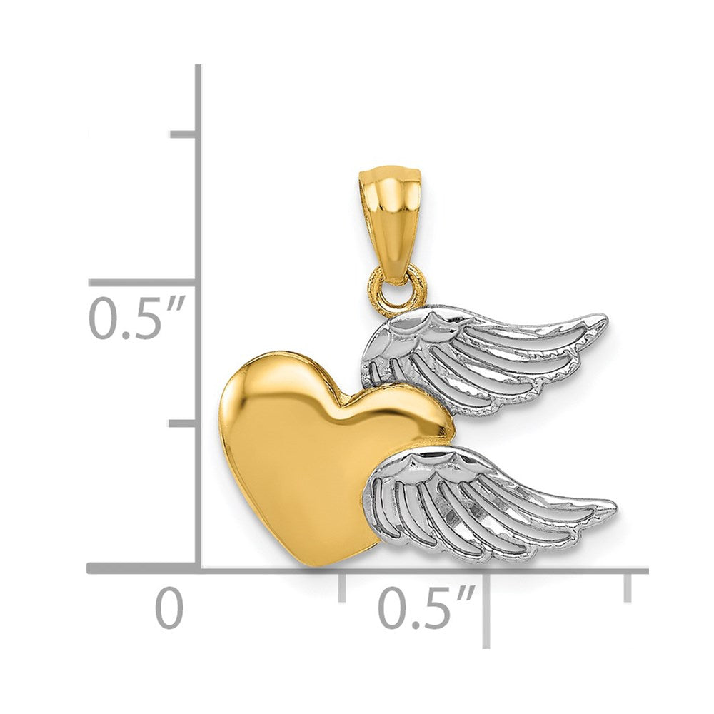 14K and White Rhodium Polished Heart with Wings Pendant