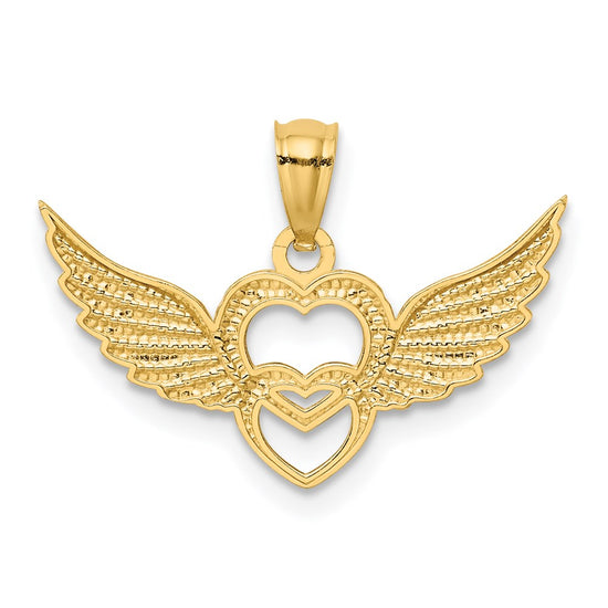 14K and White Rhodium Polished Hearts with Wings Pendant