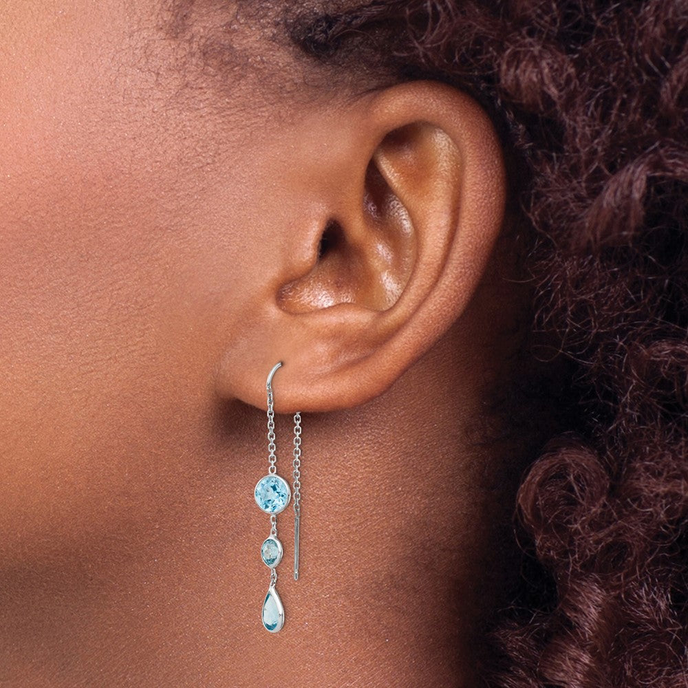 14k White Gold Blue Topaz Bezel Dangle Threader Earrings