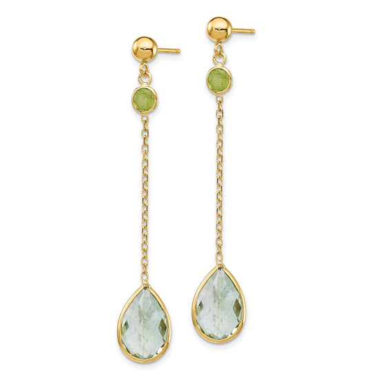 14K Round Peridot/Pear Green Quartz Chain Dangle Post Earrings