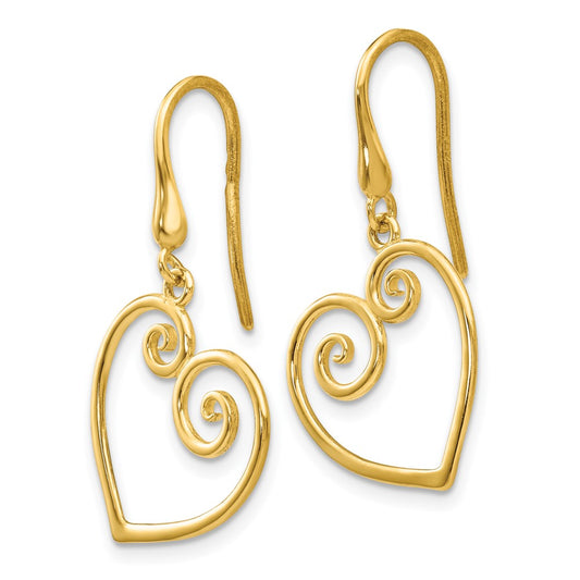 14K Fancy Scrolled Heart Dangle French Hook Earrings