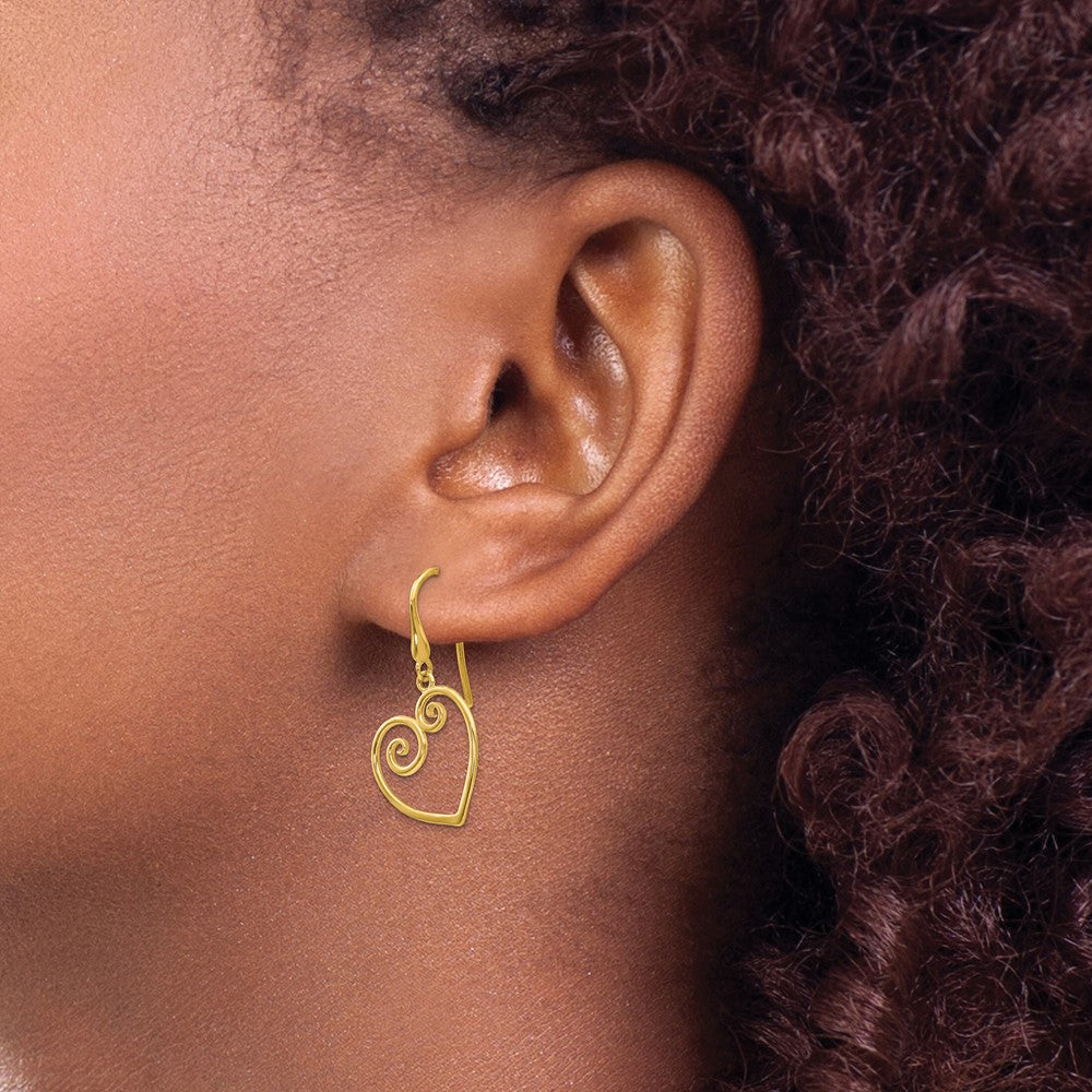 14K Fancy Scrolled Heart Dangle French Hook Earrings