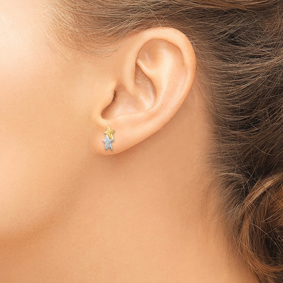 14k and White Rhodium Polished Two Stars Post Earrings