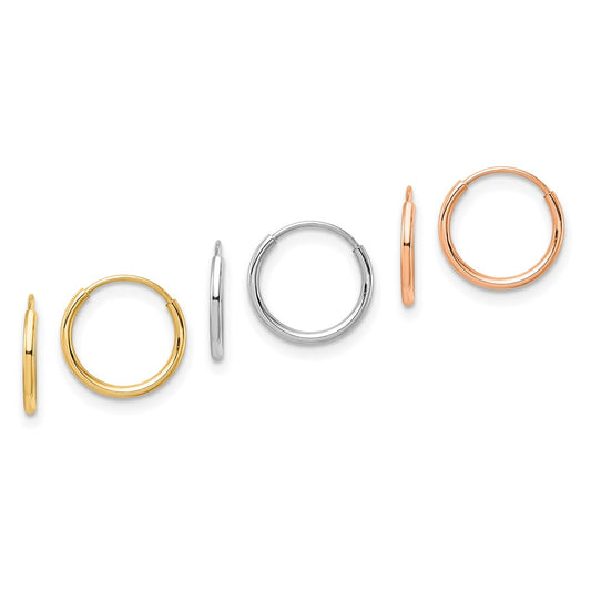 14K Tri-Color 3-pair 1.1x10mm Endless Tube Hoop Earring Set