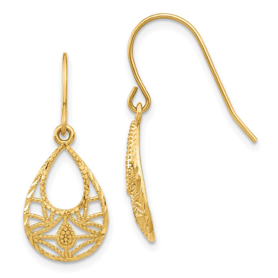 14K Diamond-cut Open Filigree Teardrop Dangle French Hook Earrings