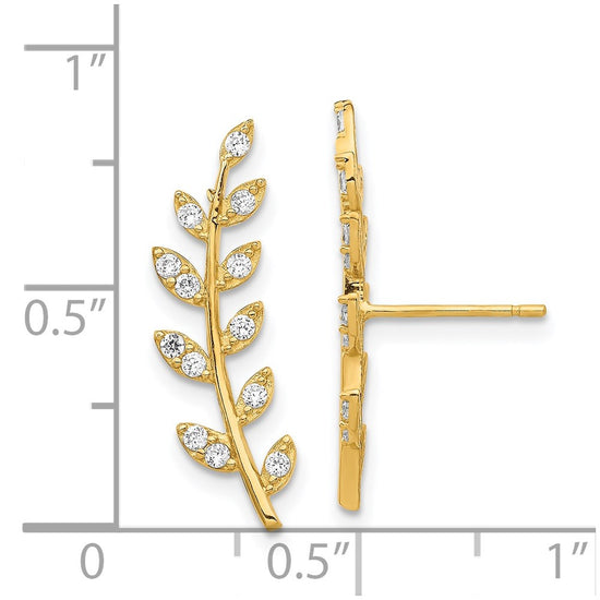 14K CZ Fern Ear Climber Post Earrings