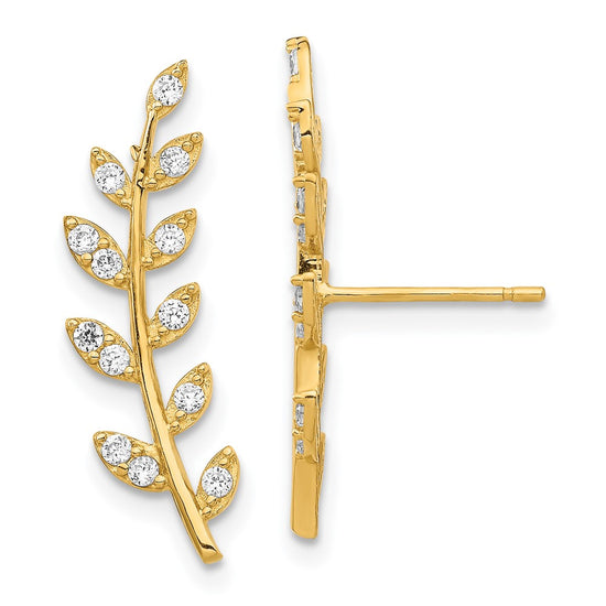 14K CZ Fern Ear Climber Post Earrings