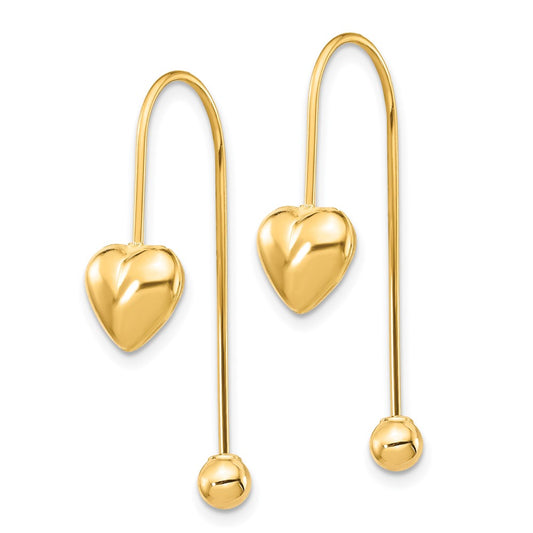 14K Puffed Heart with Screw-on Bead Threader Earrings