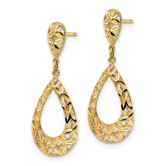 14k Diamond-cut Floral Teardrop Dangle Post Earrings