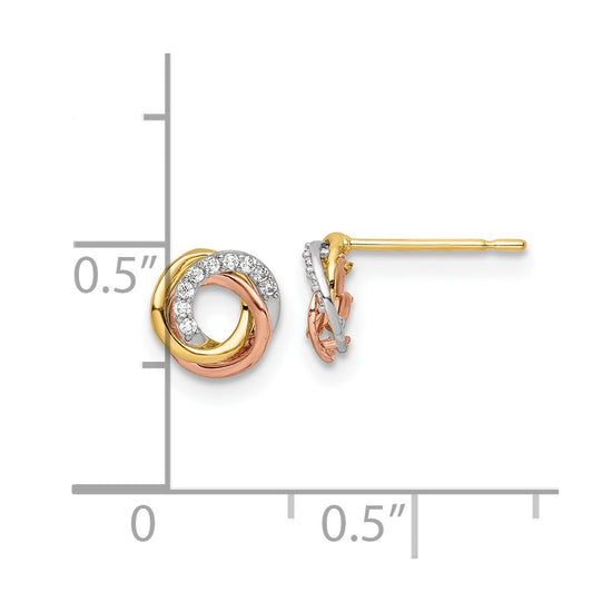 14k Tri-color 7mm CZ Circles Love Knot Post Earrings