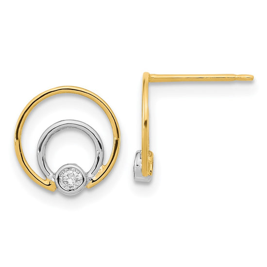 14K and White Rhodium 10mm Polished Double Circle with CZ Post Earrings