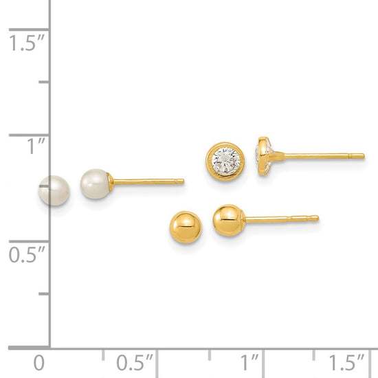14K Polished 3.5mm Ball/3-4mm Freshwater Cultured Pearl/4.5mm CZ Bezel Set of 3 Pair Post Earrings